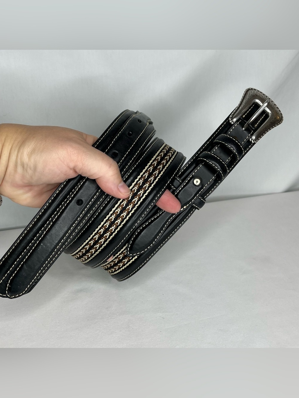 Nocona Men's Black Leather Ranger Belt With Woven Inlay. Black & Silver. Size 44